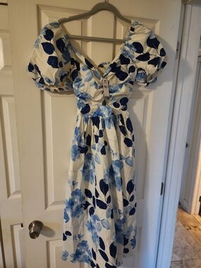 Express White Maxi Dress with Navy and Light Blue Floral Print